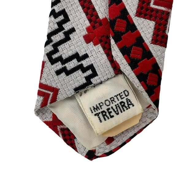 Vintage 60s/70s Trevira Necktie Geometric Diagonal Stripes Red Black White Tie - Picture 3 of 7